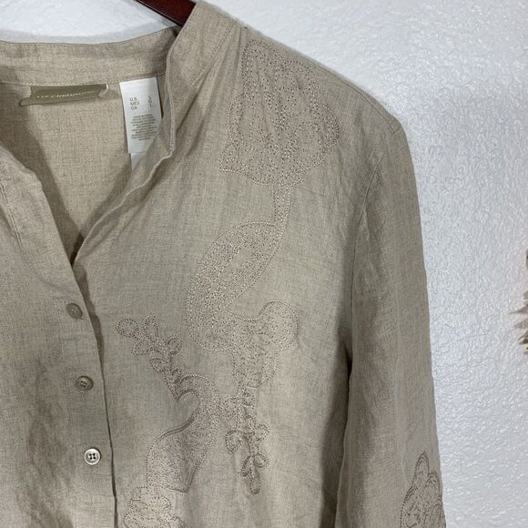 Liz Claiborne Lizwear Large Blouse Half Button Embroidered Linen Top Natural Tan - Picture 4 of 9